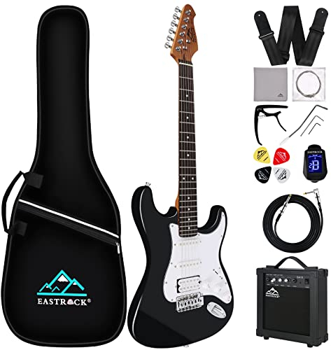 Eastrock E Gitarre Set E Guitar 39 Zoll Elektrogitarre mit Gitarre Tasche, Plektrum, Gurt, Instrumentenkabel, Ersatzsaiten, Geeignet für Anfänger und Erwachsene, E Gitarren Set in Schwarz