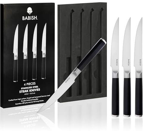 Babish 4-Piece Forged Kitchen Steak Knife Set – High-Carbon 1.4116 German Steel Cutlery – Sharp & Durable Steak Knives for Dining and Grilling