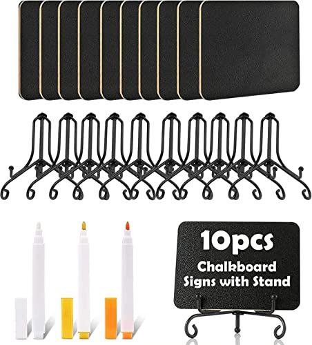 Mini Kreidetafel mit Ständer - 10 Stück kleine tafeln zum beschriften - Abwischbare Mini Tafel mit Löschbar Kreidemarker - Buffet Schilder als Tischkarten Memotafel Namen Preisschilder