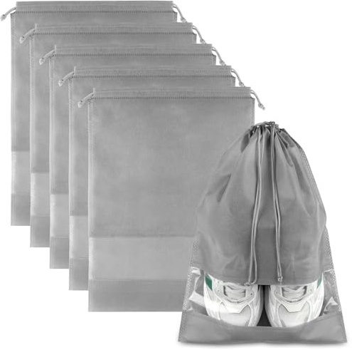 Shoe Bags for Travel, 5 Pcs Large Gray Travel Shoe Bags for Packing, Non-Woven Drawstring Travel Shoe Storage Bag with Clear Window for Men and Women（12.6 X 17.3 ）