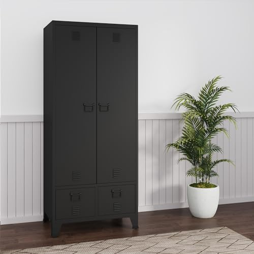 [en.casa] Kleiderschrank Hankasalmi mit 2 Schubladen 2-türig mit Kleiderstange Schlafzimmerschrank Metall Schwarz Garderobenschrank mit 2 Ablagen 180 x 90 x 40 cm