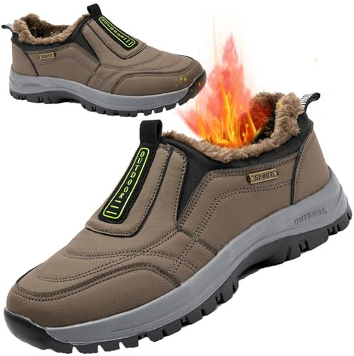 AZMAHT Herren Schuhe Extra Breite Füße PU Leder Warme Plüsch Gefüttert Herren Slip-On Sneaker Herren Halbschuhe lose Einlage mit Fußgewölbestütze Schlappen,Braun,42/260mm