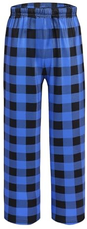 Arshiner Pojkar långa rutiga pyjamasbyxor för barn elastisk midja komfortbyxor fritid med 2 fickor pyjamasbyxor för pojkar och flickor 5–15 år, Blå och svart, 11-12 ans