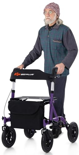 Goplus Rollator Walkers for Seniors with Seat, Foldable Rolling Walker with 9.5â All Terrain Pneumatic Wheel, Supports up to 300 lbs, Heavy Duty Bariatric Rollator Walker for Adult