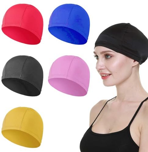 KSJEHW 5 Pièces Bonnet de Bain en Silicone pour Cheveux Longs, Protection auditive, Revêtement Ripstop pour Le Confort et la résistance au Glissement, Bonnets de Bain pour Hommes et Femmes
