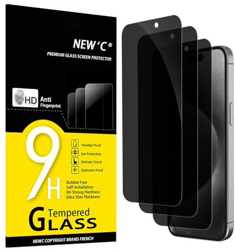 NEW'C 3 Pezzi, Pellicola Protettiva Privacy per iPhone 15 Pro Max, iPhone 15 Plus (6,7 Pollici), Angolo di Privacy 28 Gradi Bilanciato con Protezione per Gli Occhi, Durezza Resistente 9H, Senza Bolle