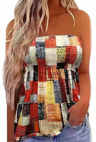 Patchwork Print Tube Tops Women Elastic Trim Strapless Vintage Blouse Multicolour Off The Shoulder Tee（X-Large,Multicolour