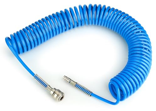 TAILONZ PNEUMATIC Bleu 10M tuyau spiralé en PU avec un diamètre extérieur de 8mm, (avec raccord rapide et embout, matériau du tuyau en PU)