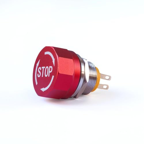 EV EXPERT Dahe 19mm Notschalter, 5A, 250V, IP65 | Stiftklemme | Roter Aluminiumkopf (Pfeil+STOP) | Edelstahlgehäuse | Sofortige Abschaltung & Sichere Rückstellung | 1NO/1NC
