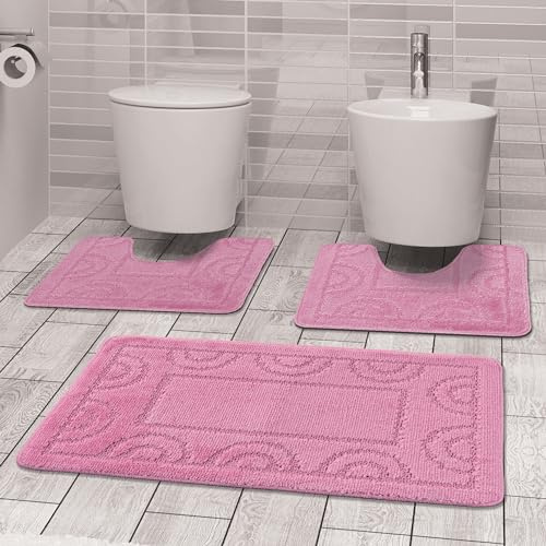 Comart - Set Tappeti Nicole da Bagno - Tre Pezzi - Tappetino Rettangolare 50x80 cm + Due Girowater 50x40 cm - Tris Antiscivolo ad Asciugatura Rapida - Traspiranti - Lavabili in Lavatrice - Rosa