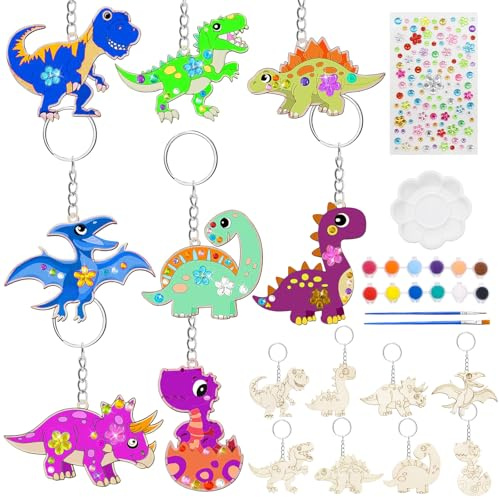 Dino Nyckelring för Barn - 16 Stycken Dinosaurier Trä Pysselset, Gör-Det-Själv Målning, Pyssel, Gåva, Födelsedagsdekoration
