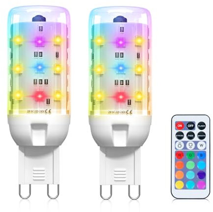 BrightWish G9 LED Dimmbar Farbwechsel Glühbirne, 2W G9 LED Warmweiß Dimmbar, 12 Farben + Warmweiß 3000K, Mit Fernbedienung, Für Wohnzimmer, Schlafzimmer, 2er Pack