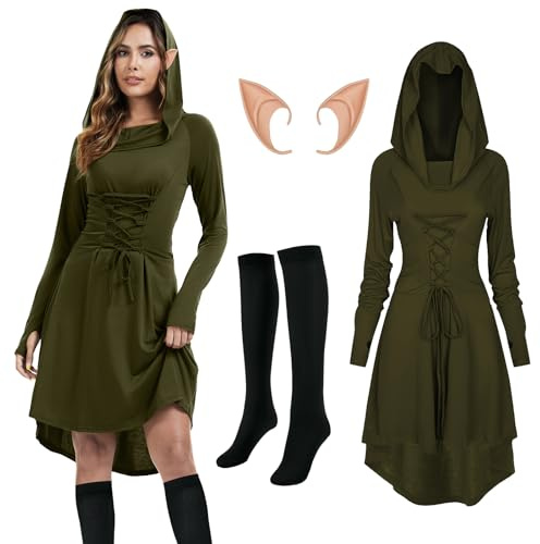 rumnigh Ropa medieval para mujer, gótica medieval, vestido renacentista, vestido con capucha con orejas de elfo y calcetines por encima de la rodilla para carnaval, Halloween