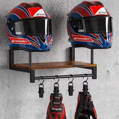 CiCixixi Soporte para Casco de Motocicleta Montado en La Pared, con 4 Clips para Colgar de Una Sola Capa, Retro, de Hierro y Madera, para Guardar Accesorios de Motocicleta