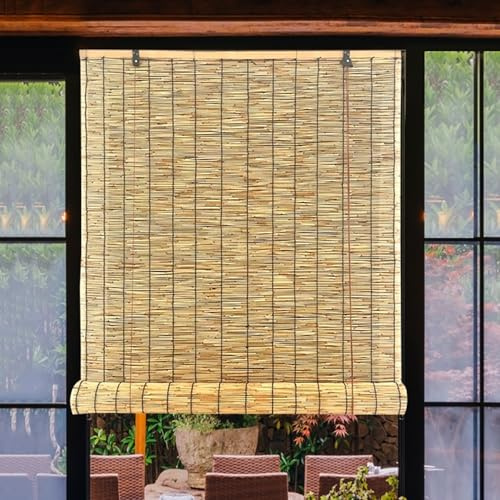 Geovne Tenda a Rullo in Bambù Naturale,Tende Avvolgibili in Bambù Retrò,Tenda a Lamella da Interni/Esterni,Tapparelle in Reed Isolamento,Tendina di Paglia,con Accessori (85x160cm/33x63in)