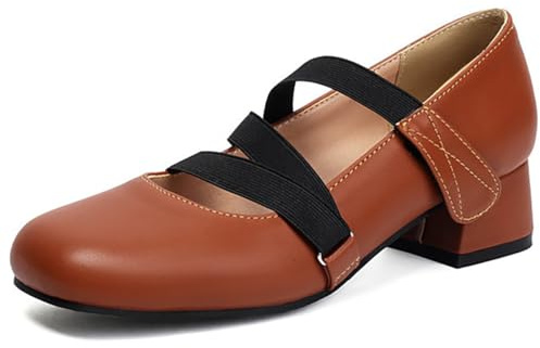 Qynthra Ballerine Mary Jane Classiche Donna in Pelle con Tripli Cinturini Elastici Tacco Basso Moda Vintage Casual,Marrone,39 EU