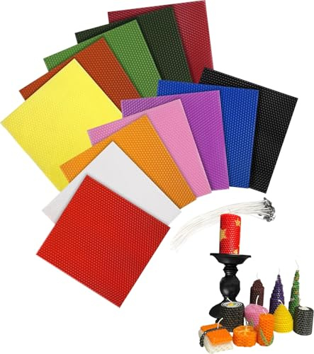 TAKONE Placas de cera de abejas para velas con mecha – 12 colores, 20 x 15 cm, juego de cera de abeja pura, juego de manualidades para niños y adultos