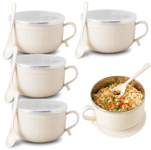 Syglawnd Ramen-skål, 4 st ramen-skål med lock, bärbar, snabbnudel med handtag och sked soppmuggar för soppa, nudlar, dumplings, sallader