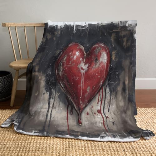 Manta Polar Suave 3D para Niños 100x130cm, Pigmento Tinta Con Forma De Corazón Impreso Mantas de Forro Polar para Cama Sofá, Gris Rojo 3D Patrón Manta Salpicaduras Mantas Difusa para Adolescentes