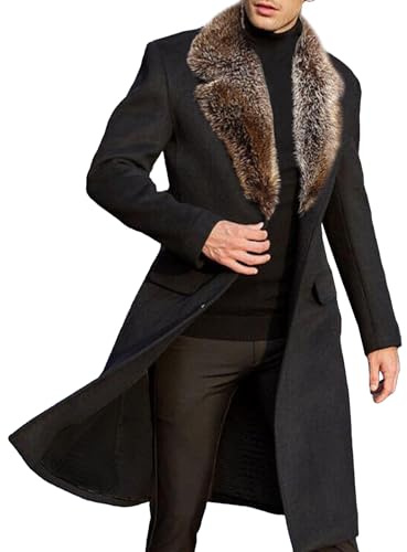 xxxiticat Men's Black Winter Jacket Removable Faux Fur Collar Trench Coat Single Breasted Notched Long Pea Coat Overcoat(BL,XL)
