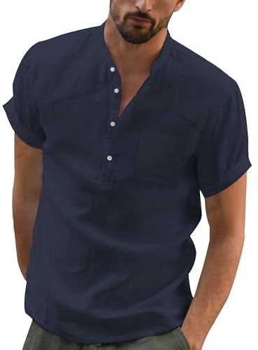 JESDM Mens Summer Casual Henley Shirt Short Sleeve Cotton Blend with Chest Pocket Navy XXL