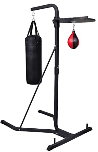 QUAHEAS Boxstation 2-i-1 med robust metall- och trästativ, boxningssäck 20 kg och uppblåsbar boxlampa, perfekt för träning, fitness, kampsport, kickboxning, MMA, uthållighet och reflexer hemma