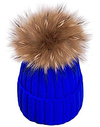 Feifanshop - Gorro de lana para mujer con pompón de pelo auténtico, para invierno azul cobalto Talla única