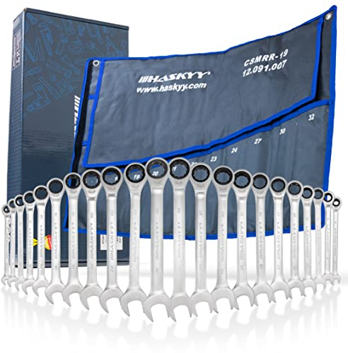 HASKYY Ratschenschlüssel Ringmaul Satz 6-32 mm Gabelschlüssel Ratschen Schlüssel 22 tlg Ringratschenschlüssel Set in Tasche 72 Zähne Ratsche