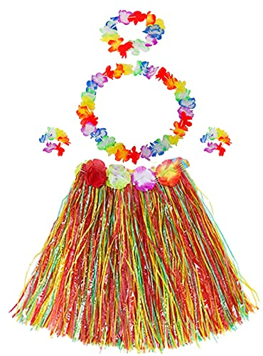 JUHONNZ Hawaii kostym, 3 uppsättningar flickor Hula gräs kjol innehåller 3 Hula gräsmatta + 3 halsband girlang + 3 pannband + 6 armband blomlås för tropisk Moana Luau födelsedagsfesttillbehör partydekoration