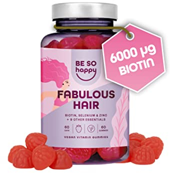 Haar Gummibärchen Biotin Hochdosiert 6000mcg, Haar Vitamin mit Selen + Zink + Vitaminen A, B6, B12, C, D, E, 60 gummies, Erdbeergeschmack, Vegan, BeSoHappy