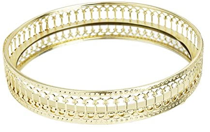 Restokki Spiegeltablett Gold Vintage Tablett Deko Durchmesser 17,5 cm, Spiegeltablett Rundes Spiegeltablett Dekor, Gold Dekorative Servierplatte für Waschtisch Badezimmer Schlafzimmer(Vertical Grain)