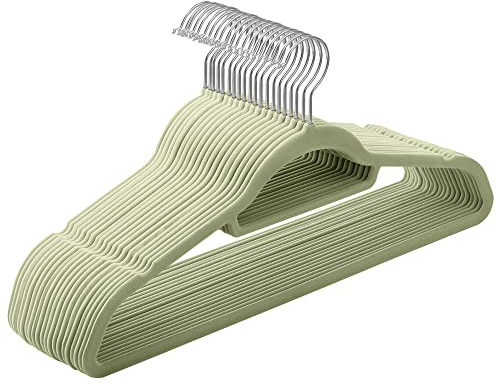 SONGMICS Kleiderbügel Samt, 20er Set, Bügel, rutschfest, kleine Stange für Krawatten, 360° drehbarer Haken, 0,6 cm dick, platzsparend, 43,5 cm lang, für Mäntel, Hosen, Silber-Hellgrün CRF020GR20