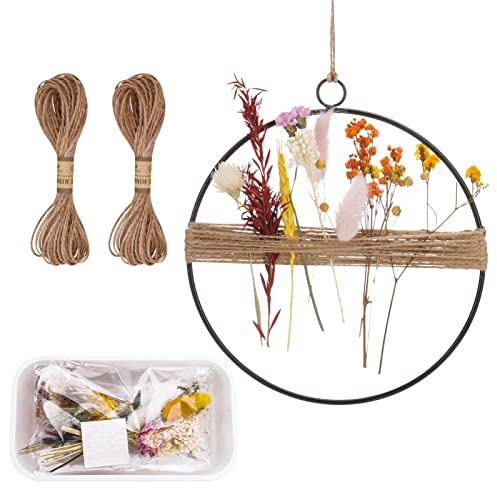 Heyu-Lotus Trockenblumen Kranz, Türkranz Trockenblumen Blumenkranz Deko Metallring Schwarz 20cm für Wohnzimmer Wand Tür Dekoration