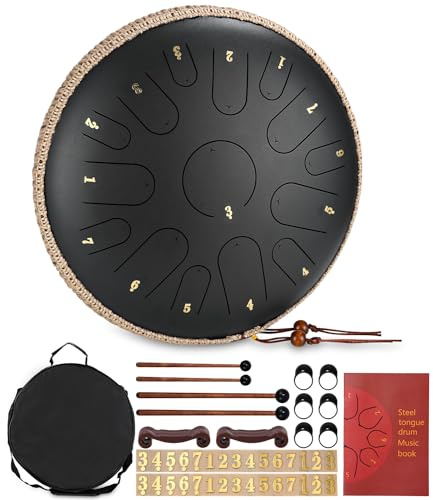 Steel Tongue Drums,14 Pouces 15 Tons Tambour Handpan,Instrument de PercussionAvec le Sac,Des Maillets,Des Médiators,Livre de Musique Pour le pour la méditation,le yoga,l'éducation musicale(Noir)