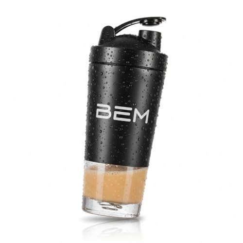 BEM Edelstahl Protein Shaker 750ml Thermo Trinkflasche mit Kugel | Shake Becher, Auslaufsicher | Eiweiß Shaker für Proteinshake und Gym, Blender Bottle und Metallshaker