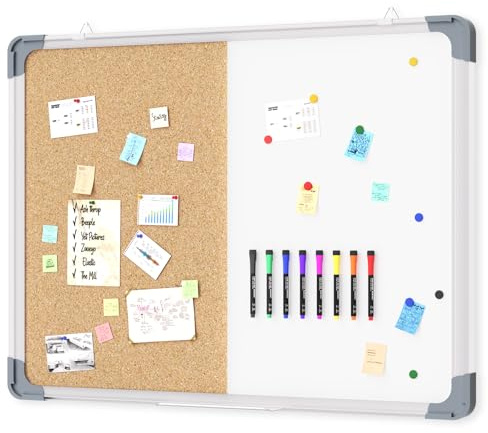 White Board Cork Board Combo, 24×18 inch for Office, Home, School, Vision Board, Pin Bulletin, Markers, Eraser, Magnets, Pins (Vertical)