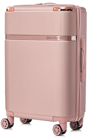 BETLEWSKI - Handgepäck Koffer Hartschale - Reisekoffer mit 4 Rollen - Leicht Hartschalenkoffer ABS Rollkoffer mit Schloss - Modell Titania - Größe 56 cm x 37 cm x 22 cm 38 Liter - Roségold