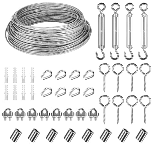 vvhippo 30m Φ 3mm Kit de Cables de Acero Inoxidable para Colgar, Cable de Acero Recubierto de PVC con Tensor Cuerda M5 para Plantas Trepadoras, Lámpara Colgante, Tendedero Exterior