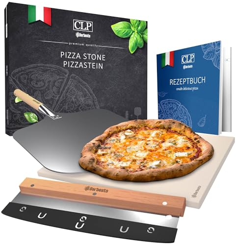 CLP Pizzastein eckig aus Cordierit mit Rezeptbuch für Backofen & Grill 38x30 cm I Einzeln oder als Set mit Pizzaschieber und Schneider, Set-Inhalt:Pizzastein+Schneider+Schieber