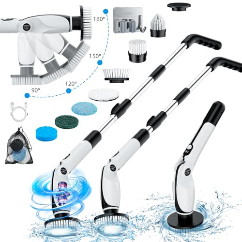 Cepillo Electrico Limpieza Hogar, Cepillo Limpieza Hogar con 4 Ángulos Ajustables, 7 Cabezales de Cepillo, 3 Opciones de Longitud, 90 Minutos de Autonomía, 2 Modos de Velocidad, para Baño, Suelo