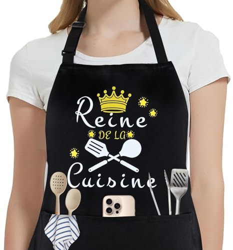 DASHUAIGE Tablier Barbecue pour Hommes Femmes, Tablier de Cuisine pour Les Boulangers, Tabliers de Boulanger de Cuisine Réglables Avec Poches pour Barbecue Fête, Fête des Pères (La reine)