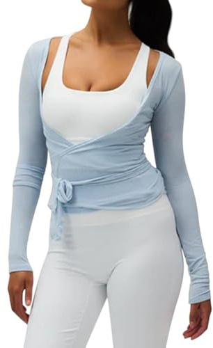Minetom Damen Y2K Ballett Wrap Top Langarm Tiefer V-Ausschnitt Slim Fit Yoga Pilates Workout Tops Frühling Wickeloberteil A1 Blau XS