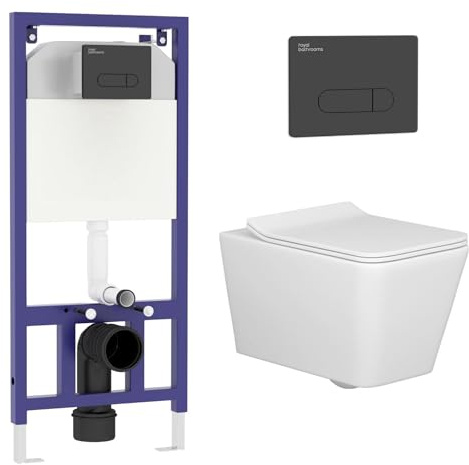 Wall Hung Toilet Pan Dual Concealed Cistern Frame Soft Close Seat & Black Flush Plate Square Rimless Toilet