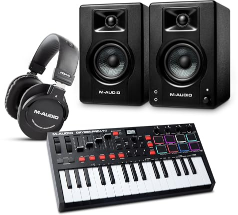 M-AUDIO Oxygen Pro Mini MIDI Controller Bundle with BX3 Pair Studio Monitors and Headphones for Studio Recording, Music Production, Podcasting, Streaming