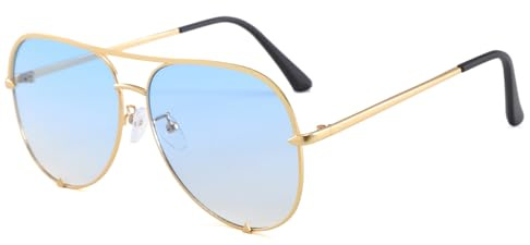 Long Keeper Gafas de Sol Piloto Clásicas Retro Años 70 Gafas de Sol Doble Puente para Hombre Mujer Gafas de Piloto Vintage Lente Tintadas UV400 Protección (Montura Dorada - Lente Azul Degradado)