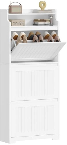 Hzuaneri Schuhschrank, Schuhregal Schuhkipper Schmal, Schuhkommode, Verstellbar, Schuhaufbewahrung für Eingang, Flur, Wohnzimmer, 16 Paar, 3 Klappen (60B cm), Weiß SR66203X