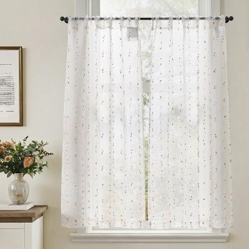 TOPICK Skivgardiner uppsättning av 2 bistrogardiner med prickar linne lantlig stil boho kort gardin halvtransparent, H 115 x B 65 (cm) linneutseende gardiner med dragsko köksgardin vardagsrum röd