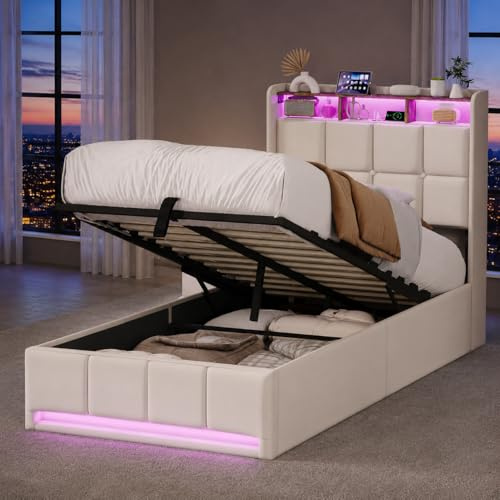 CXHLXYR Cama Tapizada 90x200 con Almacenaje, Cama Individual 90x200 con USB LED, Cama Canape con Almacenamiento Hidráulico Camas Juveniles con SomierCama Juvenil con Cabecero,Sin colchón
