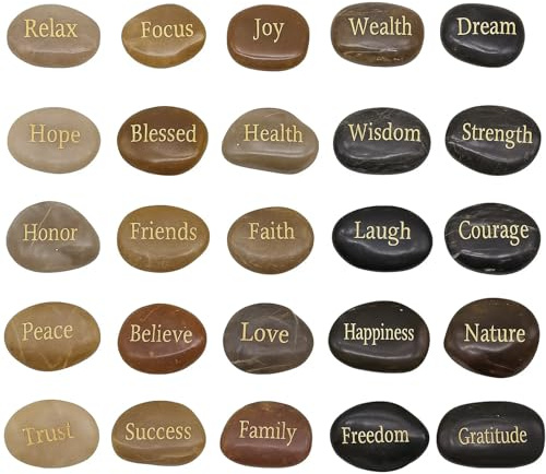 BigOtters 25PCS Inspirational Rocks - Encouragement Stones with Engraved Words for Meditation, Home Office Decor & Birthday, Gratitude Women Gifts
