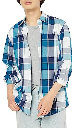 Amazon Essentials Men's Långärmad ledig poplinskjorta med normal passform, Blågrön Vit Stora rutor, L